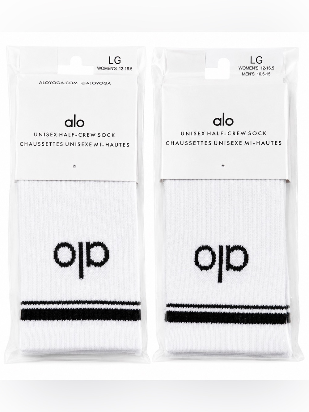 ALO Yoga White Half-Crew Athletic Socks with Black Stripes - Unisex LG (Pair)